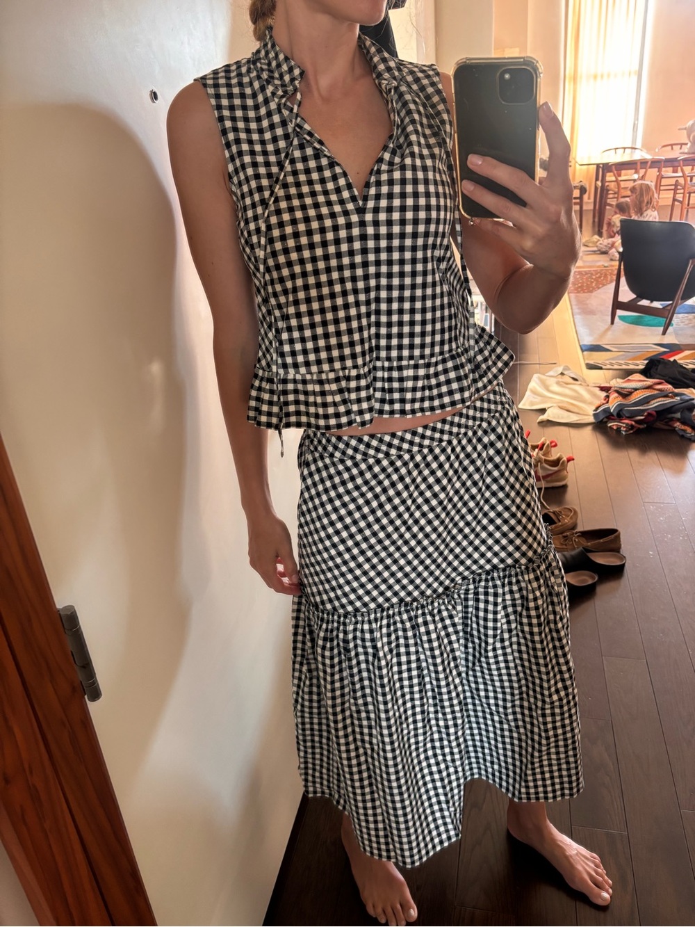Black & White Gingham Midi Skirt — Tie-Detail Waist